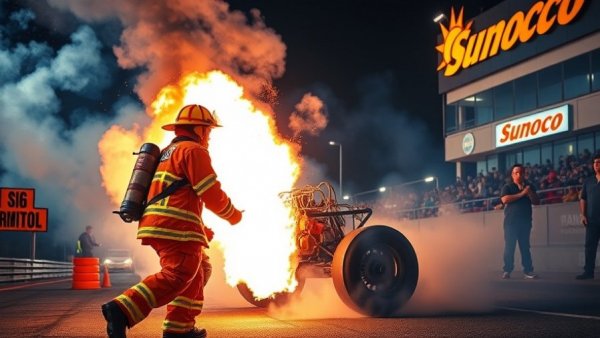 Firefighter battling Bristol NASCAR engine fire near Sunoco sign.