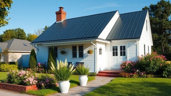 Charming white cottage with navy roof and inviting curb appeal.