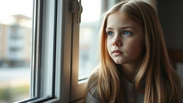 Thoughtful young girl sitting by a window, indoor setting.