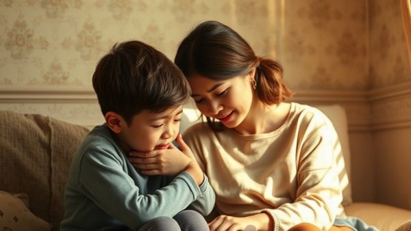 Boy comforting woman, embracing sadness with children in a sunlit room.