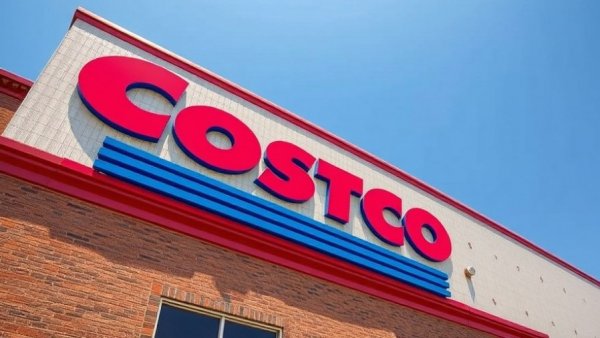 Costco building exterior against blue sky, April, new plants