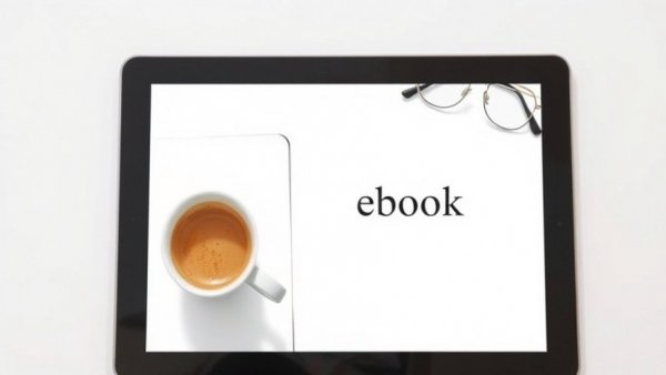 Minimalist ebook cover with coffee cup and glasses on a tablet.