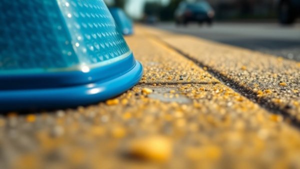 Close-up of blue reflectors on road with yellow lines.
