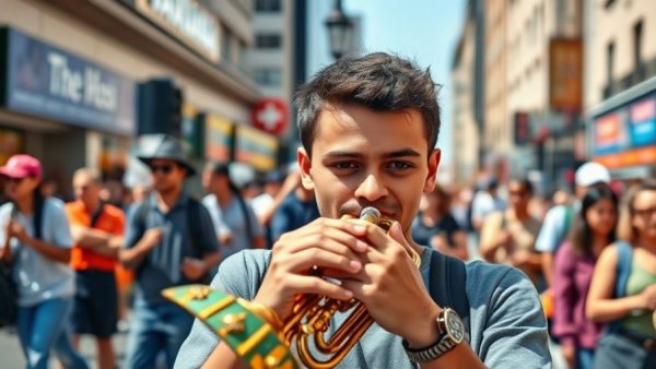 Cost of Kids' Extracurriculars: Young musician in parade playing brass.