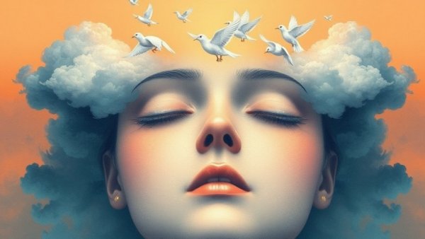 Abstract face with clouds and birds symbolizing thoughts, Lessons Learned from Anxiety.