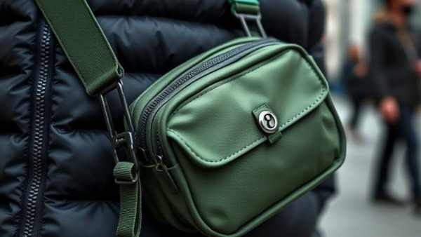 Close-up of green sling bag with safety pin attached to black jacket.
