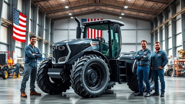 Engineers with futuristic autonomous tractor in an industrial setting.