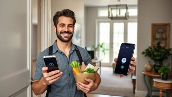 Man using Samsung Digital Home Key on smartphone app to enter home.