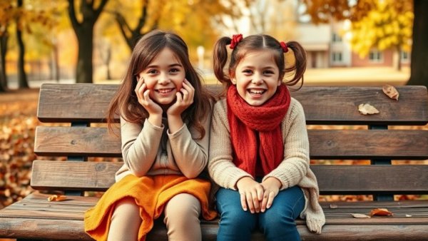 Girls enjoying playful moment in autumn setting