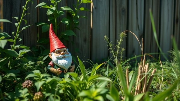 Overgrown yard with a gnome, illustrating front yard mistakes that ruin curb appeal.