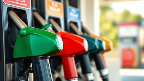 Close-up of colorful gas pump nozzles for automotive road trips.
