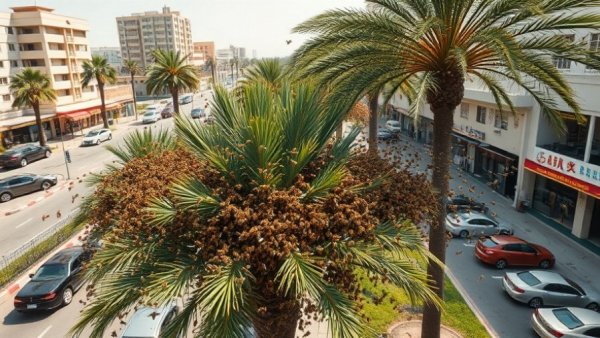 Israeli bee swarms in urban cityscape with palm trees.