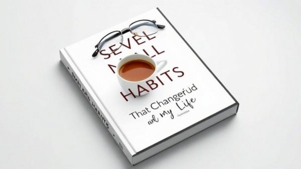 Tablet display of 'Seven Small Easy Habits That Changed My Life', featuring coffee cup and glasses.