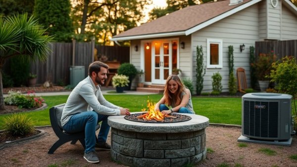 Cozy couple by firepit for energy efficiency at home.