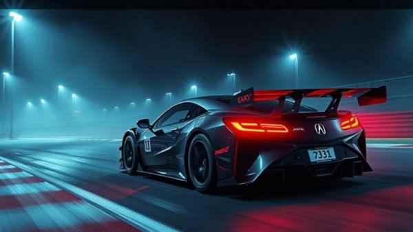 Acura IMSA GTP car racing at night with full decals.