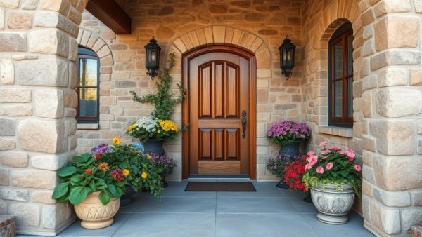 Charming stone porch with faux plants for your front porch