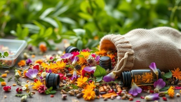 Colorful herbs and oils for making herbal dream pillows.