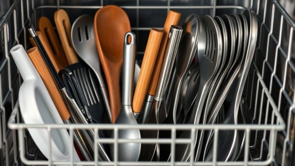 Proper Dishwasher Loading Techniques: close-up of utensils in dishwasher basket.