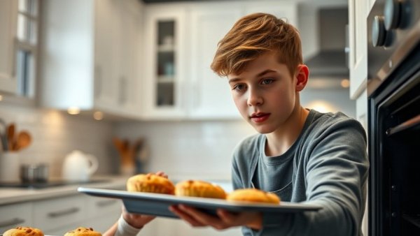 Teen baking muffins as a sensory activity in a modern kitchen.