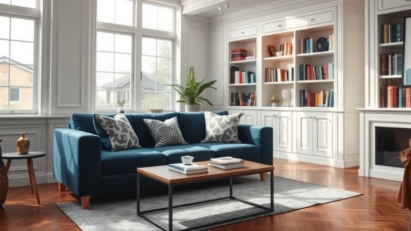 Bright living room with blue couch and bookshelves showcasing renovation errors.
