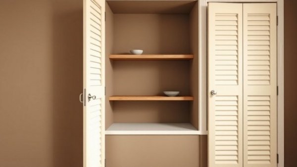 DIY floating shelves in a nook with brown walls and louvered doors.