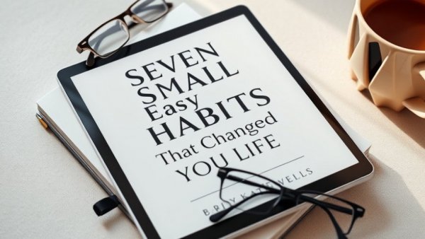 E-book cover of 'Seven Small Easy Habits' on tablet.