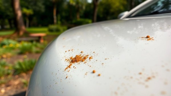 Close-up of car with pollen damage in natural setting.