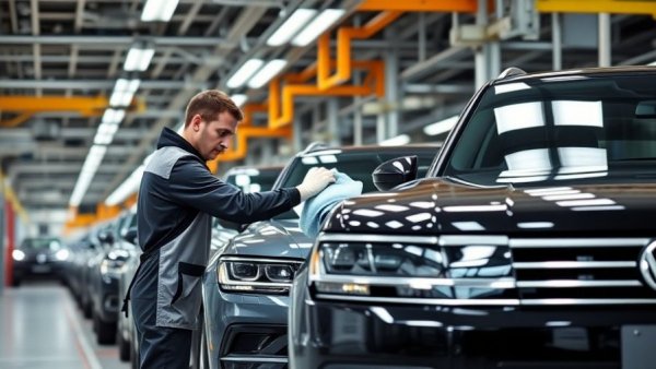Volkswagen assembly line with worker polishing cars, bright factory.