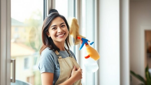 Professional house cleaning guide: woman cleaning window indoors.