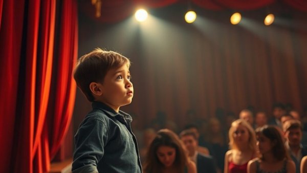 Nervous boy on stage, overcoming erythrophobia.