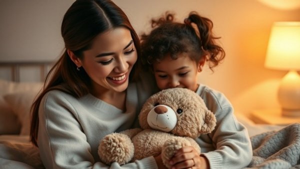 Mother and daughter holding teddy bear for comfort and warmth.