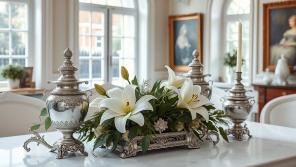 Ways to Style Vintage Silver in Your Home; elegant silver decor with flowers.
