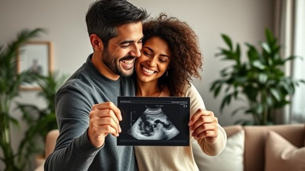 Joyful couple sharing a moment with an ultrasound image, conveying pregnancy excitement.