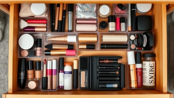 Organized makeup drawer with cosmetics sorted neatly.