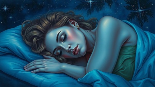 Peaceful sleep and worry insights in a vivid, dreamlike painting.