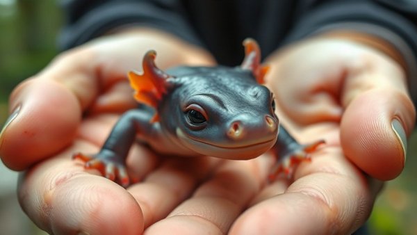 Close-up of axolotl being held, highlighting endangered species.