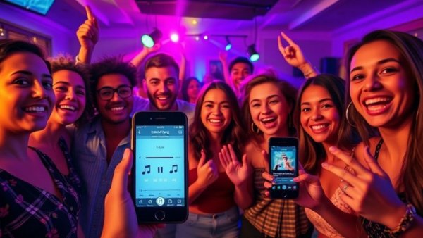 Friends enjoying a party with vibrant lighting and SmartThings Music Sync.