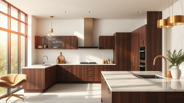 Explore kitchen color trends beyond white with dark wooden cabinets and marble.