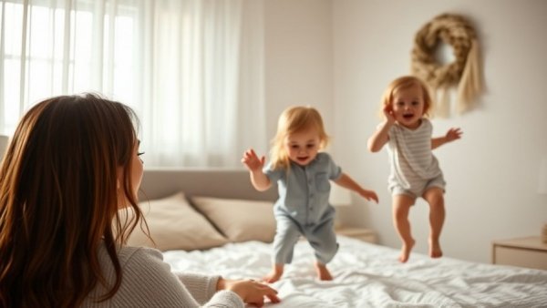 Young family in cozy bedroom, mother with children, candid moment.