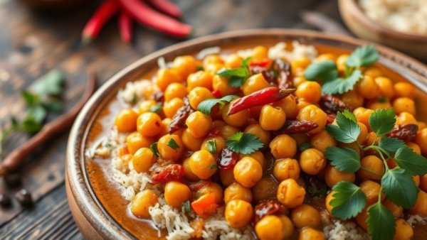 Chickpea curry dinner recipe with rice and spices on a wooden table.