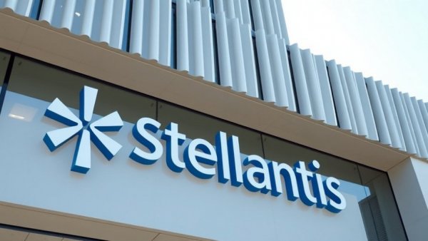 Stellantis logo on modern building facade, emphasizing automotive brands.
