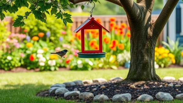 Affordable backyard items: bird feeder and stone edging in a vibrant garden.