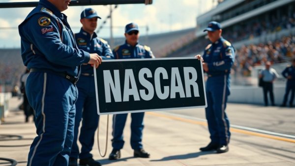NASCAR pit crew in blue uniform holding a pit sign on racetrack.