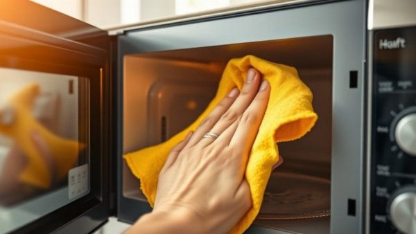 Hand cleaning a microwave with yellow cloth, emphasizing regular maintenance.