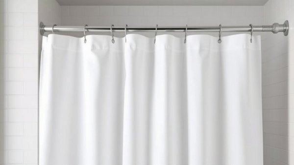 Pristine shower curtain liner hanging in bathroom, showcasing how to clean without scrubbing.
