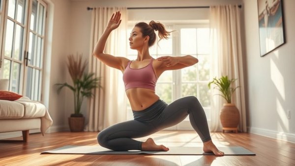 Woman practicing yoga in modern home setting, natural light.
