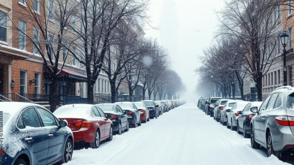 Urban street with heavy snowfall in April, cars and snow-covered road.