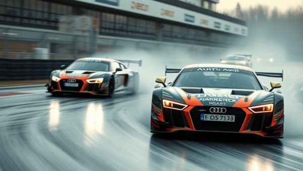 Audi race cars in action on wet track for Racing Legends Program.