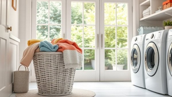 Laundry room with a wicker basket and washing machine, Everyday Cleaning Items You Forget.
