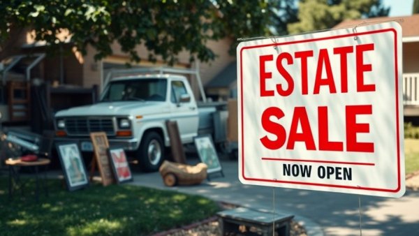 Estate sale sign with truck and items, garage sale ambiance.